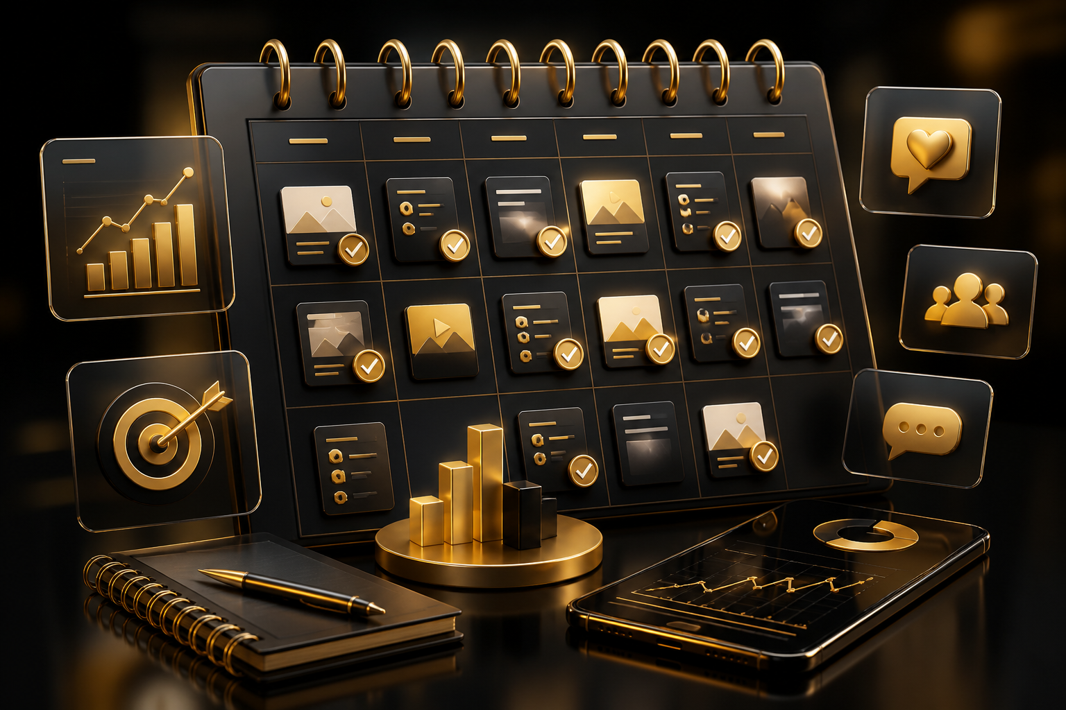 Glossy black and gold social media content calendar with planned content cards