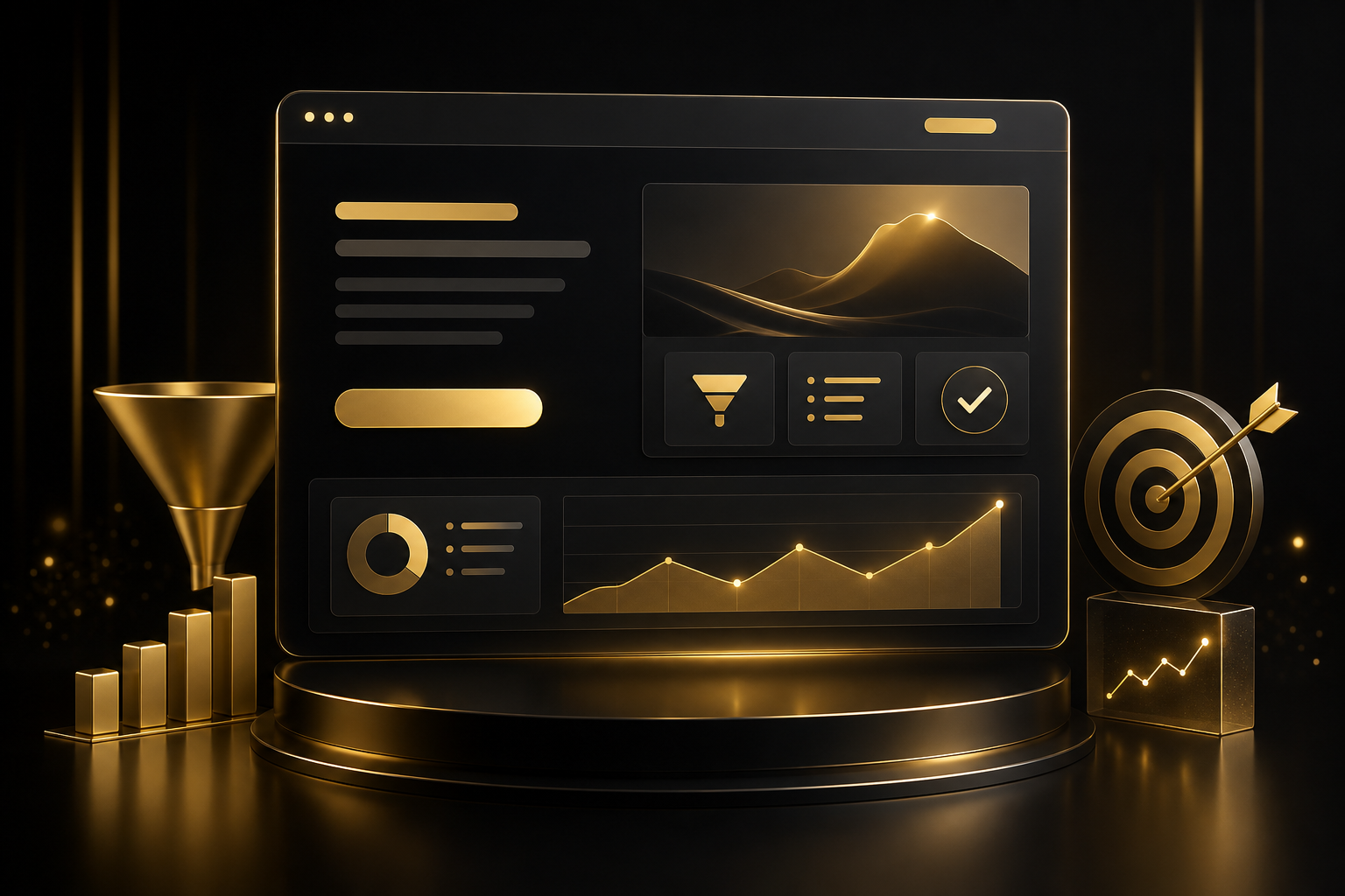 Glossy gold and black landing page dashboard focused on conversion goals
